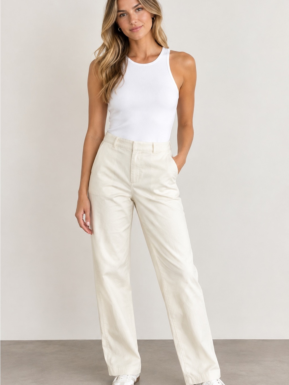 Frank & Oak Straight Leg High-Rise Pants in Cream